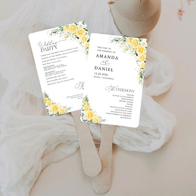 Elegant Yellow Floral Wedding Program Hand Fan (Creator Uploaded)
