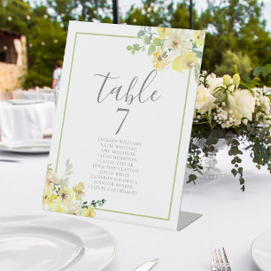 Elegant Yellow Floral Wedding Table Number w Names Pedestal Sign