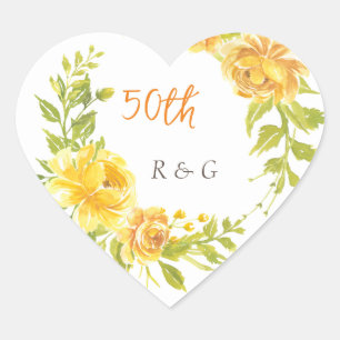 Elegant Yellow Flower 50th Wedding Anniversary  Heart Sticker