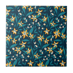 Elegant Yellow Flower Pattern in Dark Green Leaves Ceramic Tile