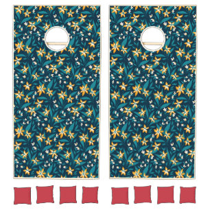 Elegant Yellow Flower Pattern in Dark Green Leaves Cornhole Set