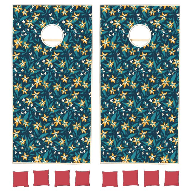 Elegant Yellow Flower Pattern in Dark Green Leaves Cornhole Set (Set)