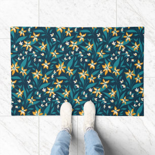 Elegant Yellow Flower Pattern in Dark Green Leaves Doormat