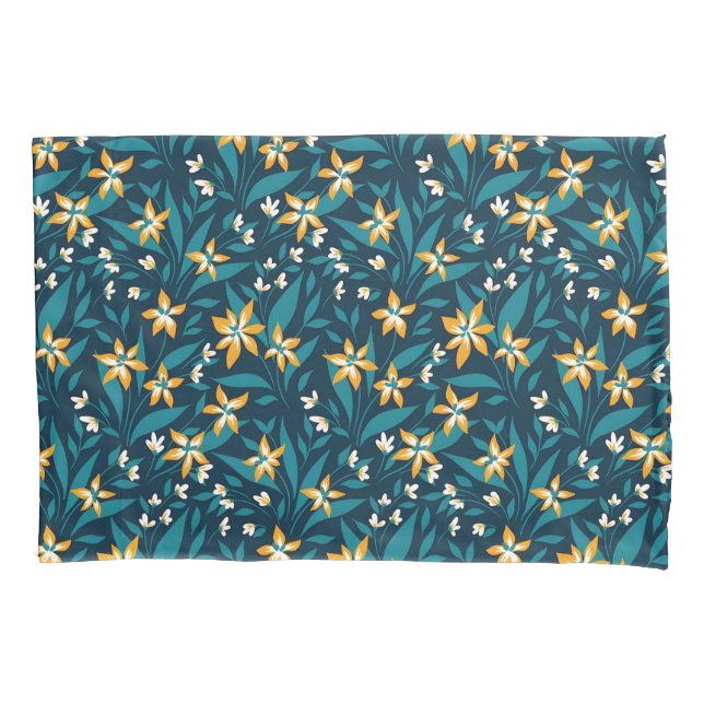 Elegant Yellow Flower Pattern in Dark Green Leaves Pillow Case (Front-Left)
