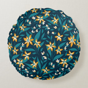 Elegant Yellow Flower Pattern in Dark Green Leaves Round Pillow