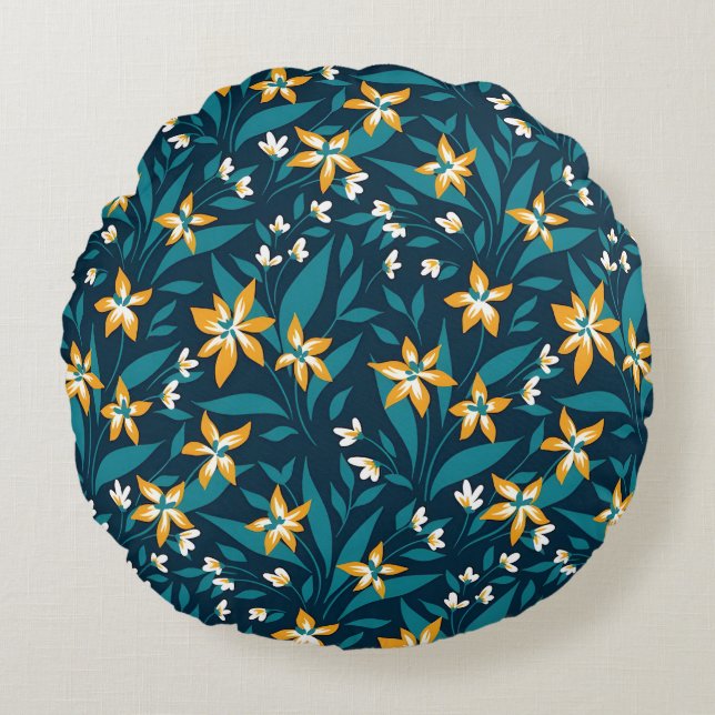 Elegant Yellow Flower Pattern in Dark Green Leaves Round Pillow (Front)