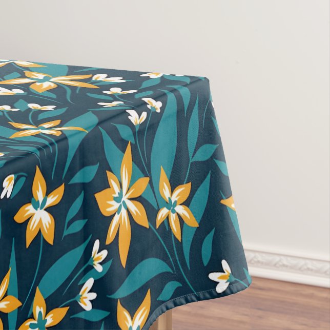 Elegant Yellow Flower Pattern in Dark Green Leaves Tablecloth (In Situ)