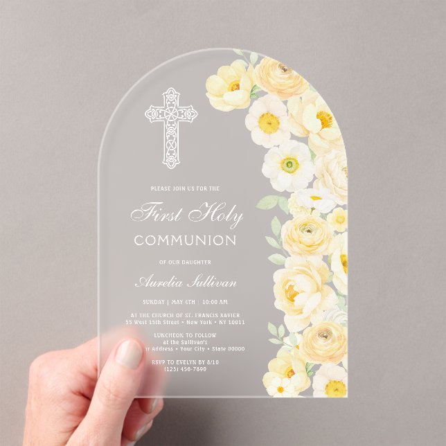 Elegant Yellow Flowers Arch First Communion Acrylic Invitations (Insitu (Handheld))