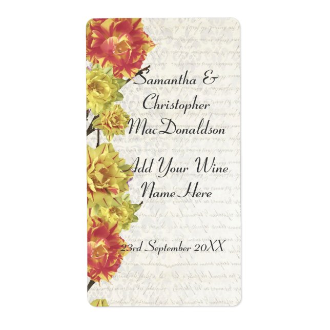 Elegant yellow flowers country floral wine label (Front)