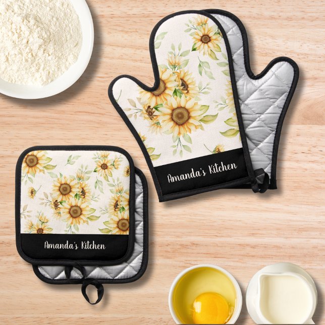 Elegant Yellow Flowers & Kraft Personalized Gift  Oven Mitt & Pot Holder Set (Creator Uploaded)