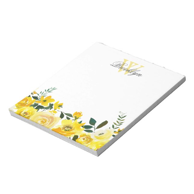 Elegant Yellow Garden Floral Monogrammed Notepad (Rotated)