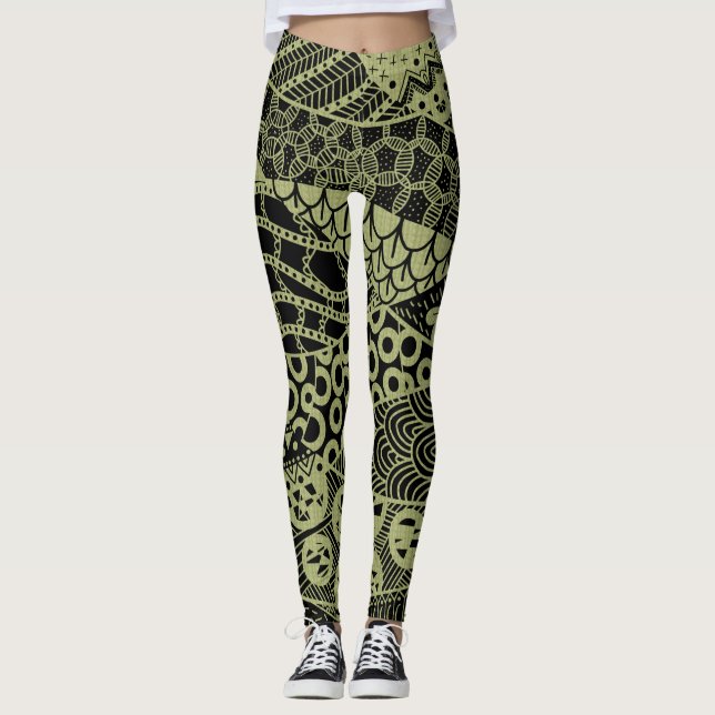 Elegant Yellow Geometric Abstract Tribal Pattern Leggings (Front)