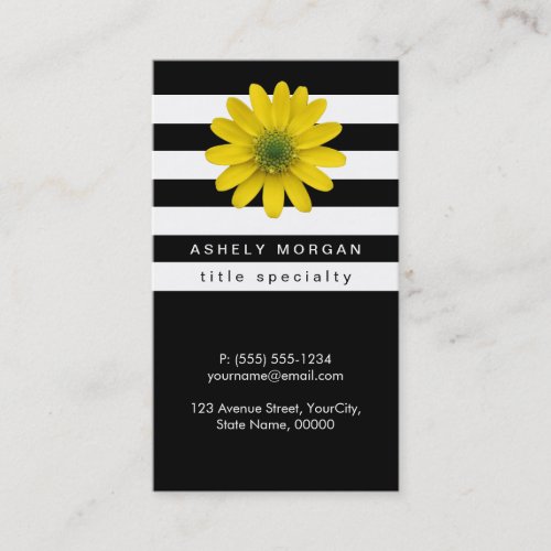 Elegant Yellow Gerbera Daisy _ Black White Stripes Business Card