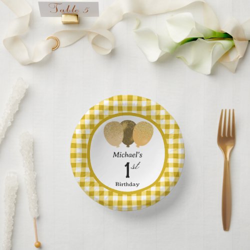 Elegant Yellow Gingham & Balloons 1st Birthday Paper Bowls