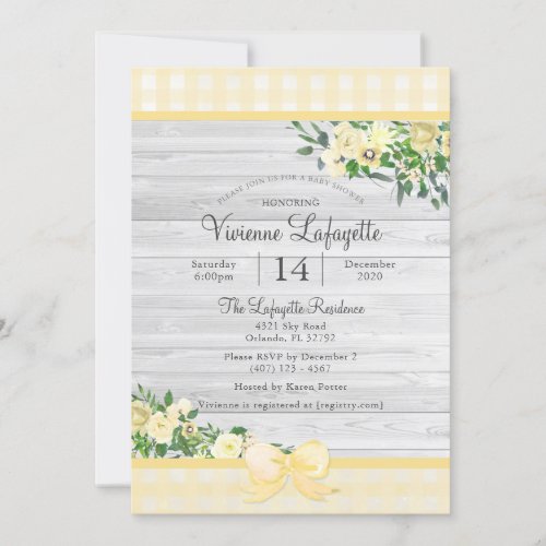 Elegant Yellow Gingham Floral Baby Shower Invitation