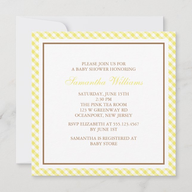 Elegant Yellow Gingham Pattern Baby Shower Invitation (Front)