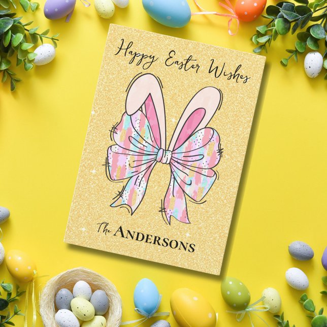 Elegant Yellow Glitter Easter Bunny Ears & Bow Holiday Card (Creator Uploaded)