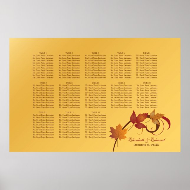 Elegant Yellow Gold Falling Leaves Wedding Seating Poster (Front)