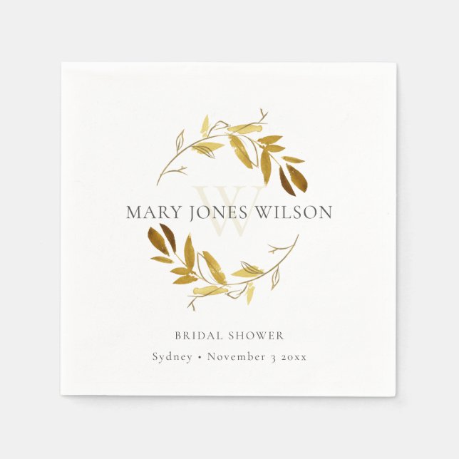 ELEGANT YELLOW GOLD FOLIAGE WREATH BRIDAL SHOWER NAPKINS (Front)