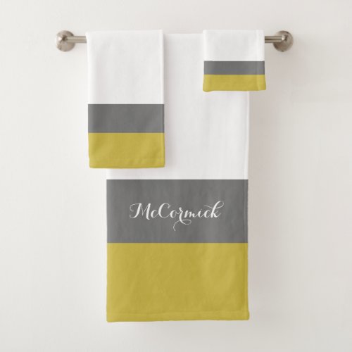 Elegant Yellow Gold Grey Stripes Script Monogram Bath Towel Set