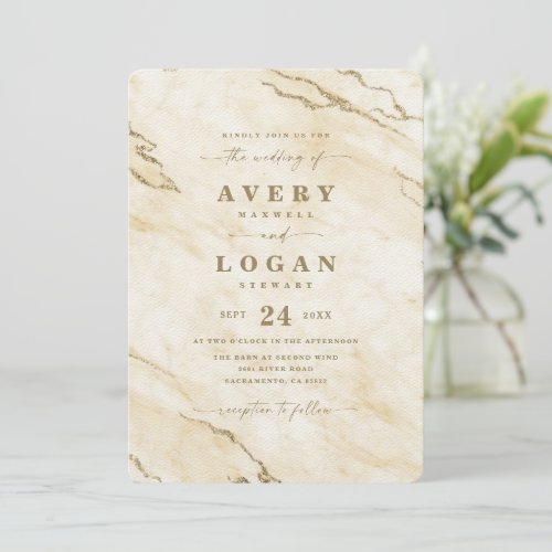 Elegant Yellow  Gold Metallic Marble Wedding Invitation