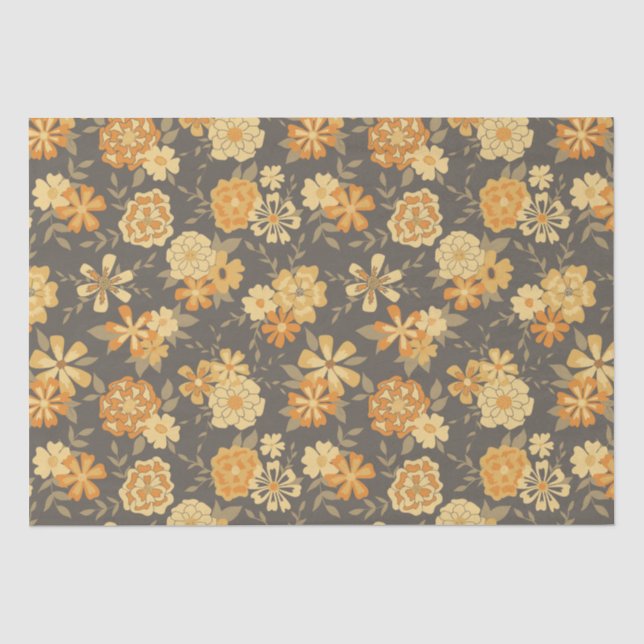 Elegant Yellow Gold Orange Flowers On Brown Tissue Paper (Front)