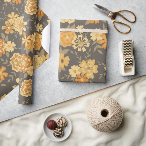 Elegant Yellow Gold Orange Flowers On Brown Wrapping Paper