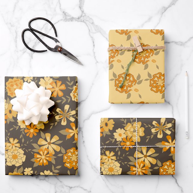 Elegant Yellow Gold Orange Flowers On Brown Wrapping Paper Sheets (Modern Yellow Orange Illustrated Flowers Wrapping Paper Sheets from Studio Posies. )