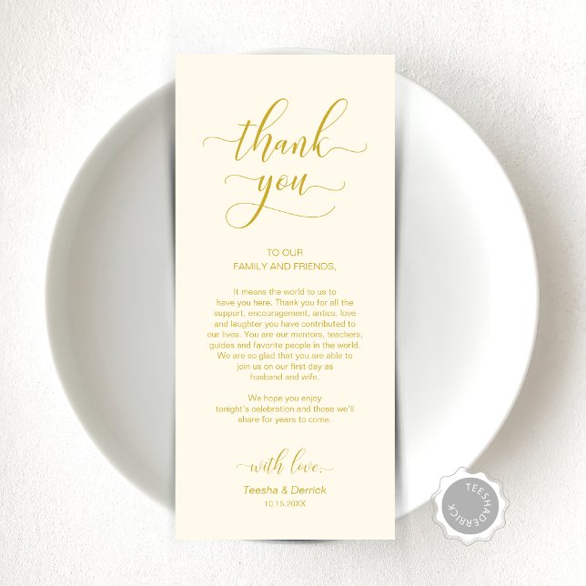 Elegant Yellow Gold, Place Setting Thank You Card (Elegant Yellow Gold, Place Setting Thank You Card, Modern Elegant Wedding Dinner Celebration)