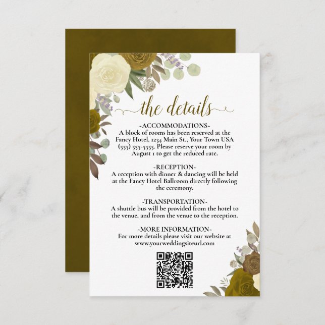 Elegant Yellow Gold Roses Wedding Details QR Code Enclosure Card (Front/Back)