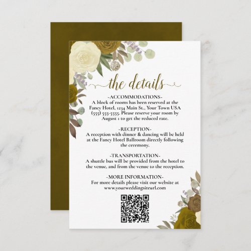 Elegant Yellow Gold Roses Wedding Details QR Code Enclosure Card