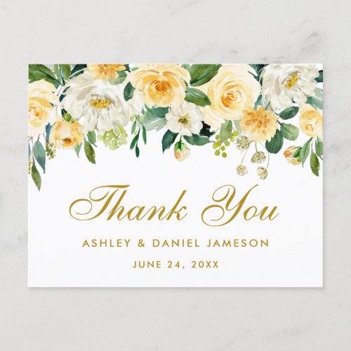 Elegant Yellow Gold White Floral Wedding Thank You Postcard