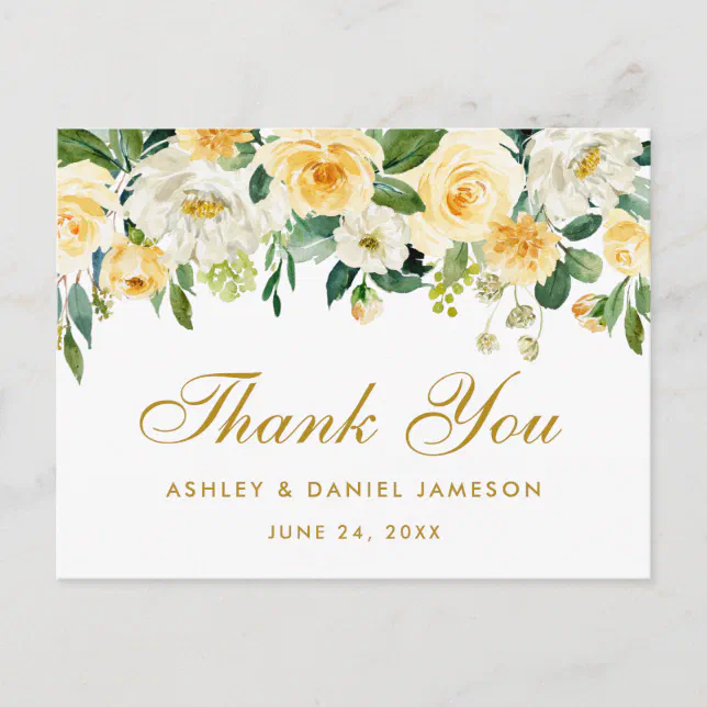 Elegant Yellow Gold White Floral Wedding Thank You Postcard | Zazzle