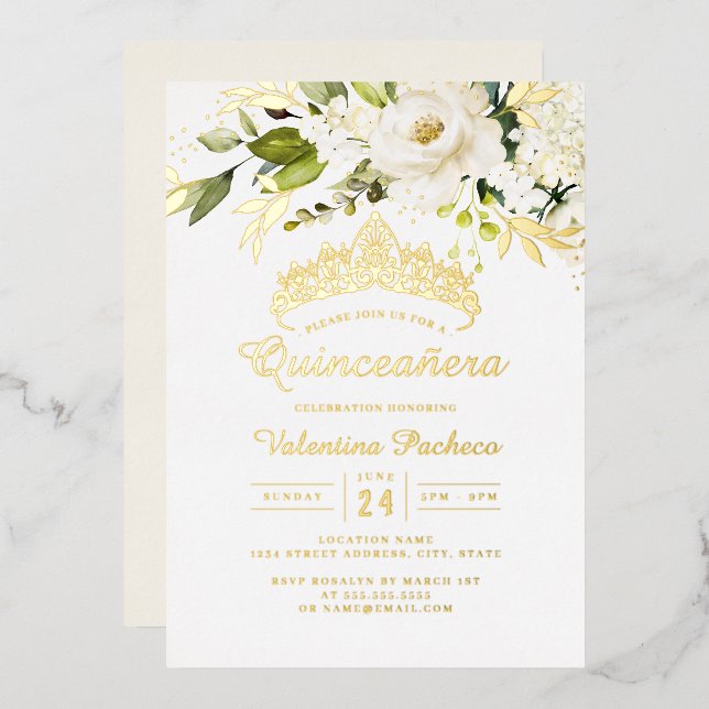 Elegant Yellow Gold White Quinceanera  Foil Invitation (Front/Back)