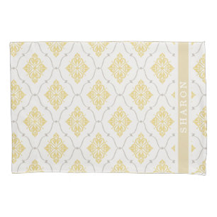 elegant yellow gray damask pattern monogram pillowcase