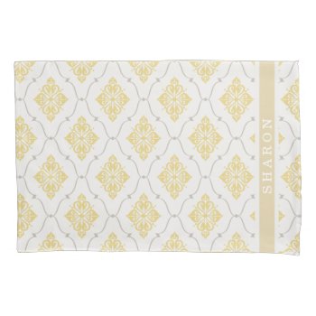 Elegant Yellow Gray Damask Pattern Monogram Pillowcase by TintAndBeyond at Zazzle