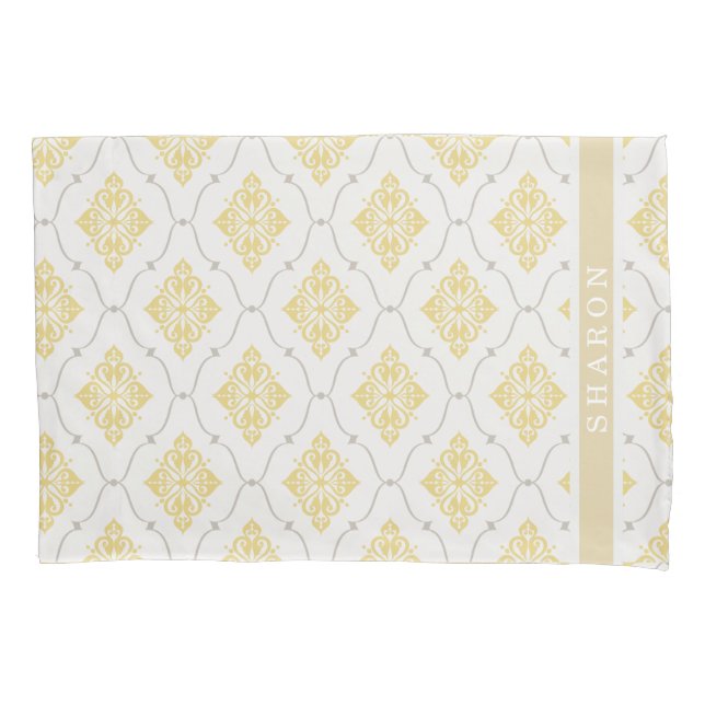 elegant yellow gray damask pattern monogram pillowcase (Front)
