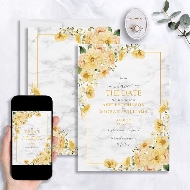 Elegant Yellow & Gray Floral Marble Save the Date (Creator Uploaded)
