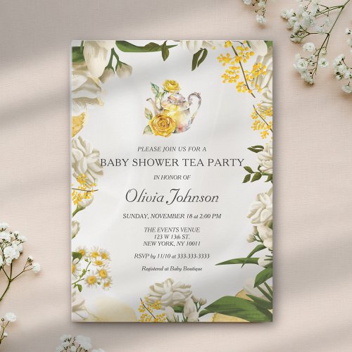 Elegant Yellow Green Floral Tea Party Baby Shower Invitation