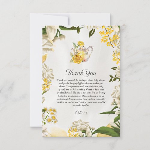 Elegant Yellow Green Floral Tea Party Baby Shower Thank You Card