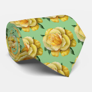 Elegant Yellow Green Floral Watercolor Roses Neck Tie