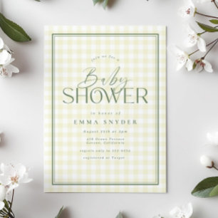 Elegant Yellow Green Gingham Baby Shower Invitation