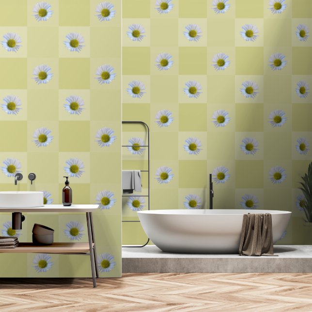 Elegant Yellow Green Mist Daisy Flower Squares Wallpaper (Bathroom)