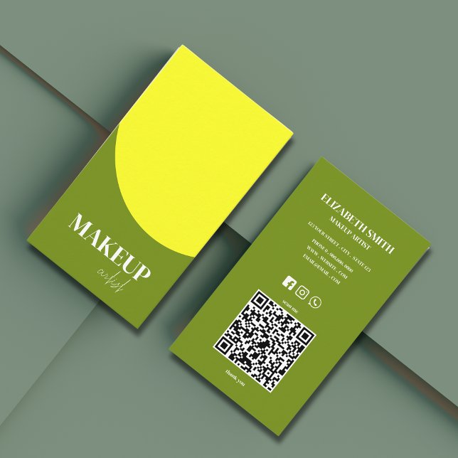 Elegant Yellow & Green QR Code Makeup Artist Business Card (Creator Uploaded)