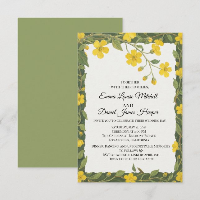 Elegant Yellow Green Wildflowers Floral Invitation (Front/Back)