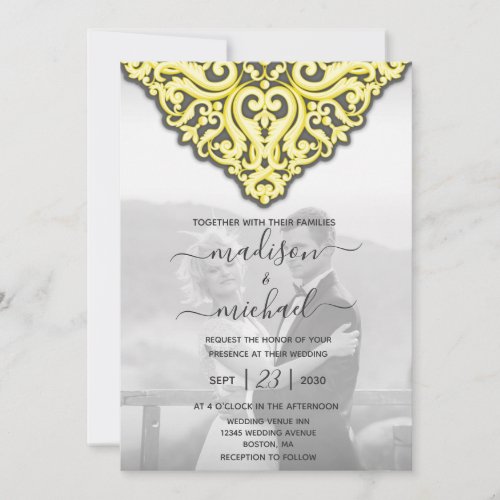 Elegant Yellow Grey Damask Wedding Invitation