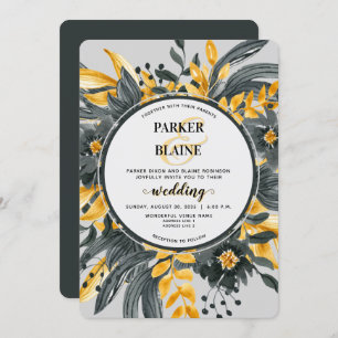 Elegant Yellow & Grey Floral Modern Script Wedding Invitation