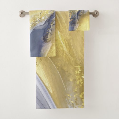 Elegant Yellow Grey Gold Marble Effect Monogram  Bath Towel Set