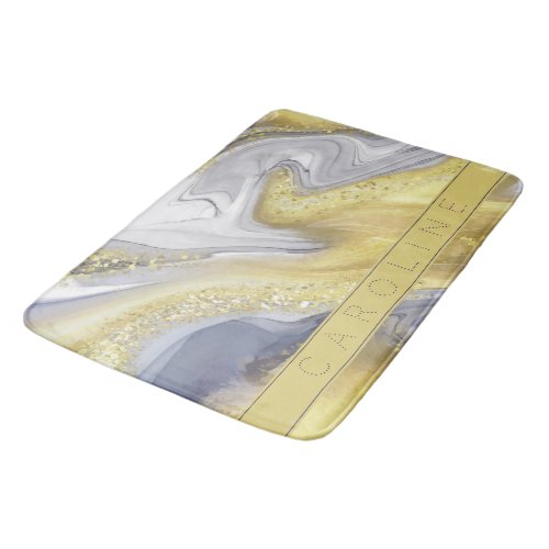 Elegant Yellow Grey  Gray Gold Marble Effect Name Bath Mat