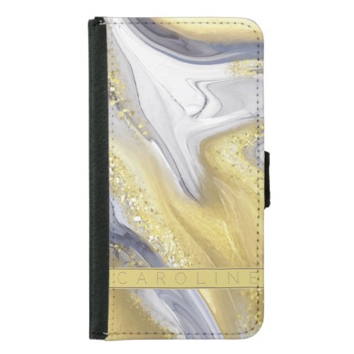 Elegant Yellow Grey Gray Gold Marble Effect Name Samsung Galaxy S5 Wallet Case